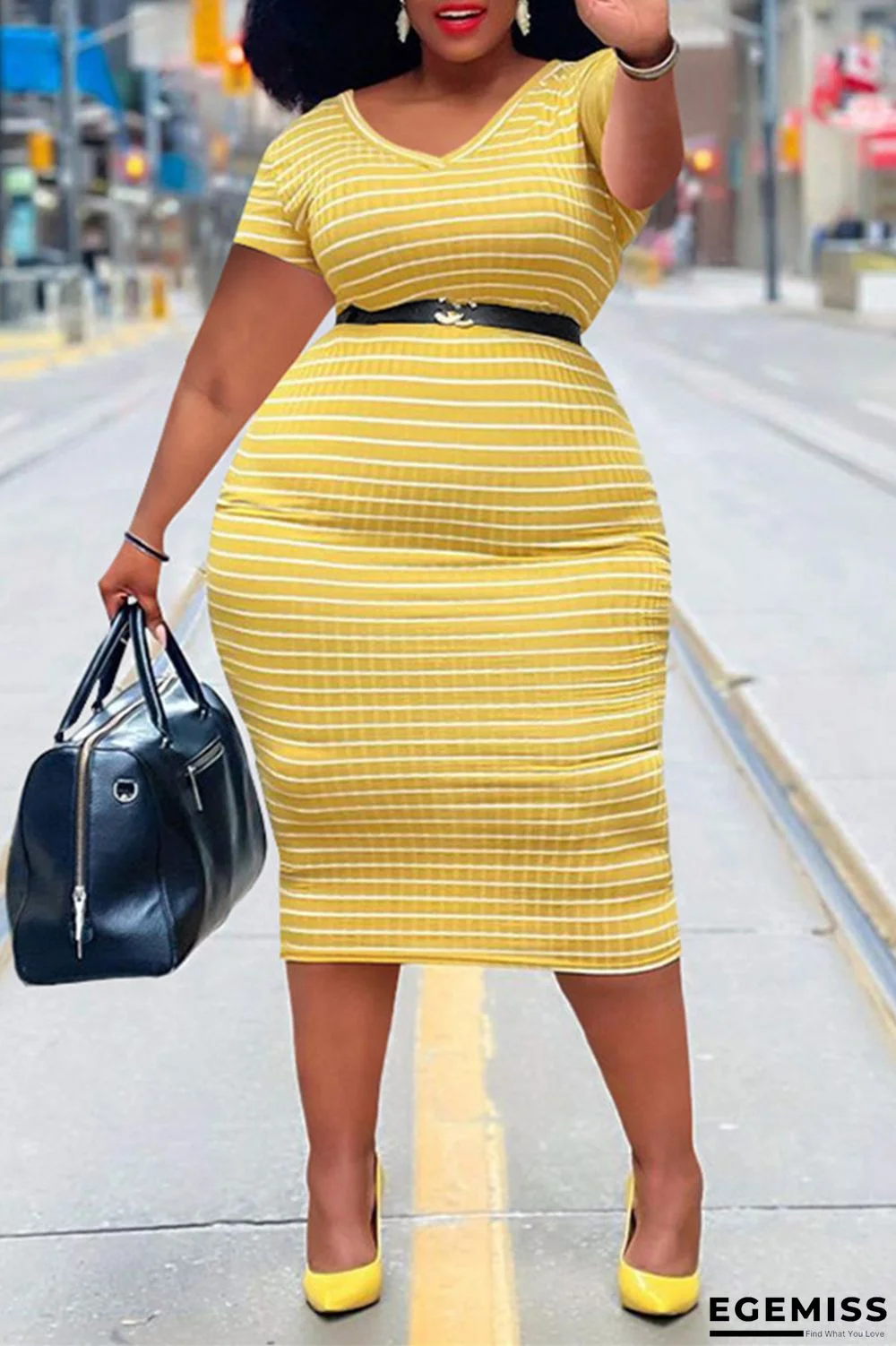 Yellow Fashion Casual Plus Size Striped Print Without Belt V Neck Short Sleeve Dress | EGEMISS