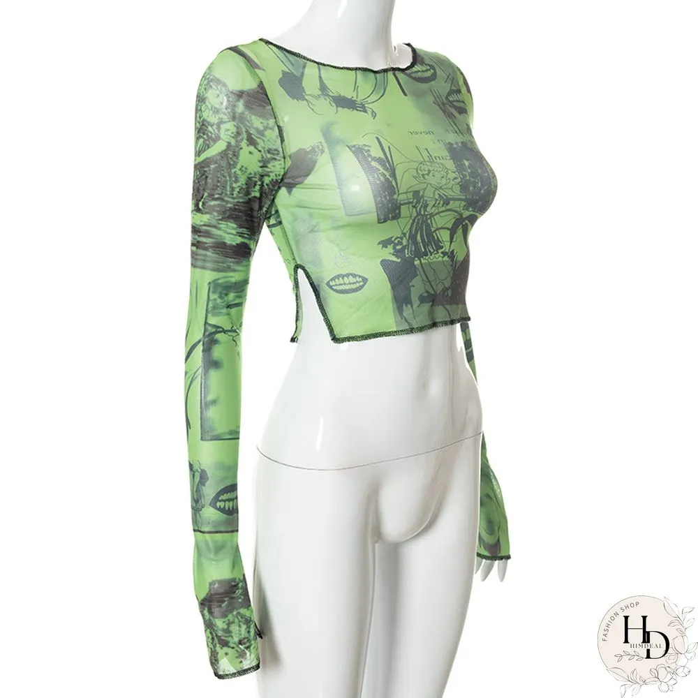 Sexy see through crop top vintage graphic print green mesh sheer t-shirt long flare sleeve