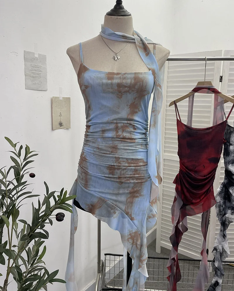 Churchf Spice Girls Irregularly Designed Lotus Leaf Edge Ribbon Sling Vest Tie Mesh Folding Top 9962