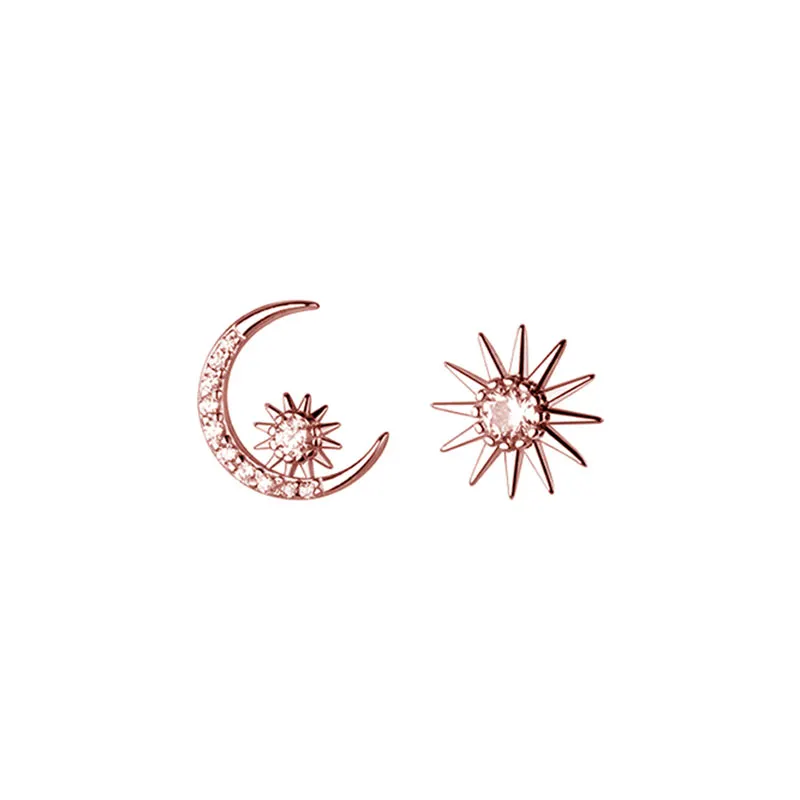 Sun Moon Asymmetrical 925 Sterling Silver Stud Earrings
