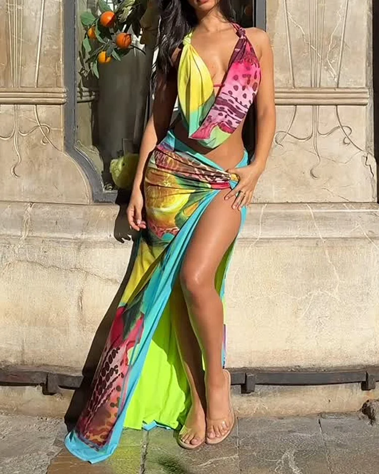 Sleeveless multicolor printed tie two-piece suit 