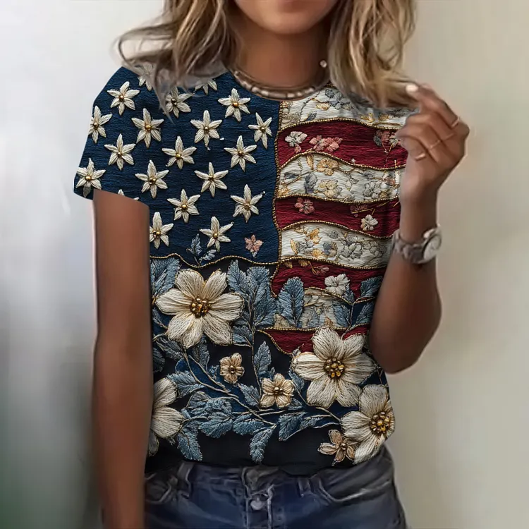 Women's Vintage American Flag Floral Crew Neck T-shirt