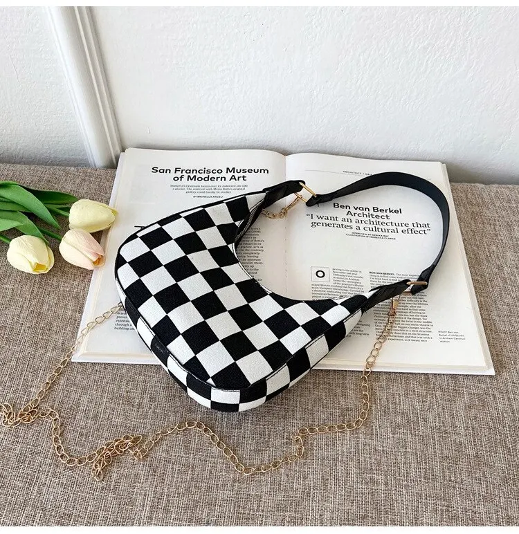 Plaid Canvas Women's Bag New PU Leather Crescent Shoulder Bag Fashionable Simple Zipper Pure Color Handbags for Women 2022