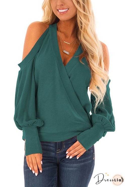 Meridress Wrap V Neck Cold Shoulder Lantern Sleeve Top