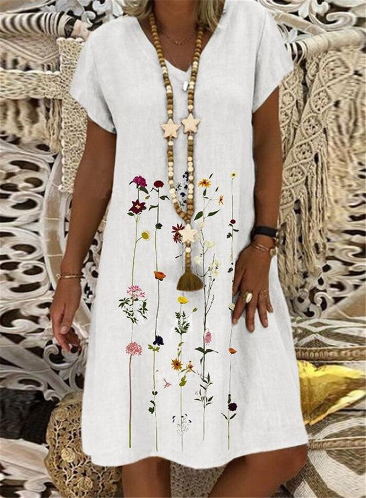 Large Size Women's Dresses Printed V-neck Short-sleeved Dresses White Dresses | EGEMISS