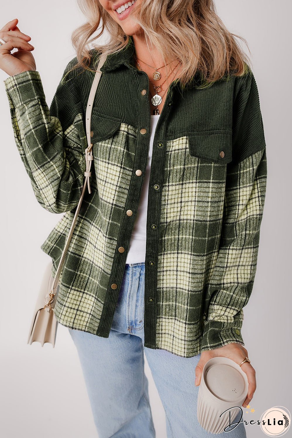 Green Plaid Corduroy Jacket with Pockets