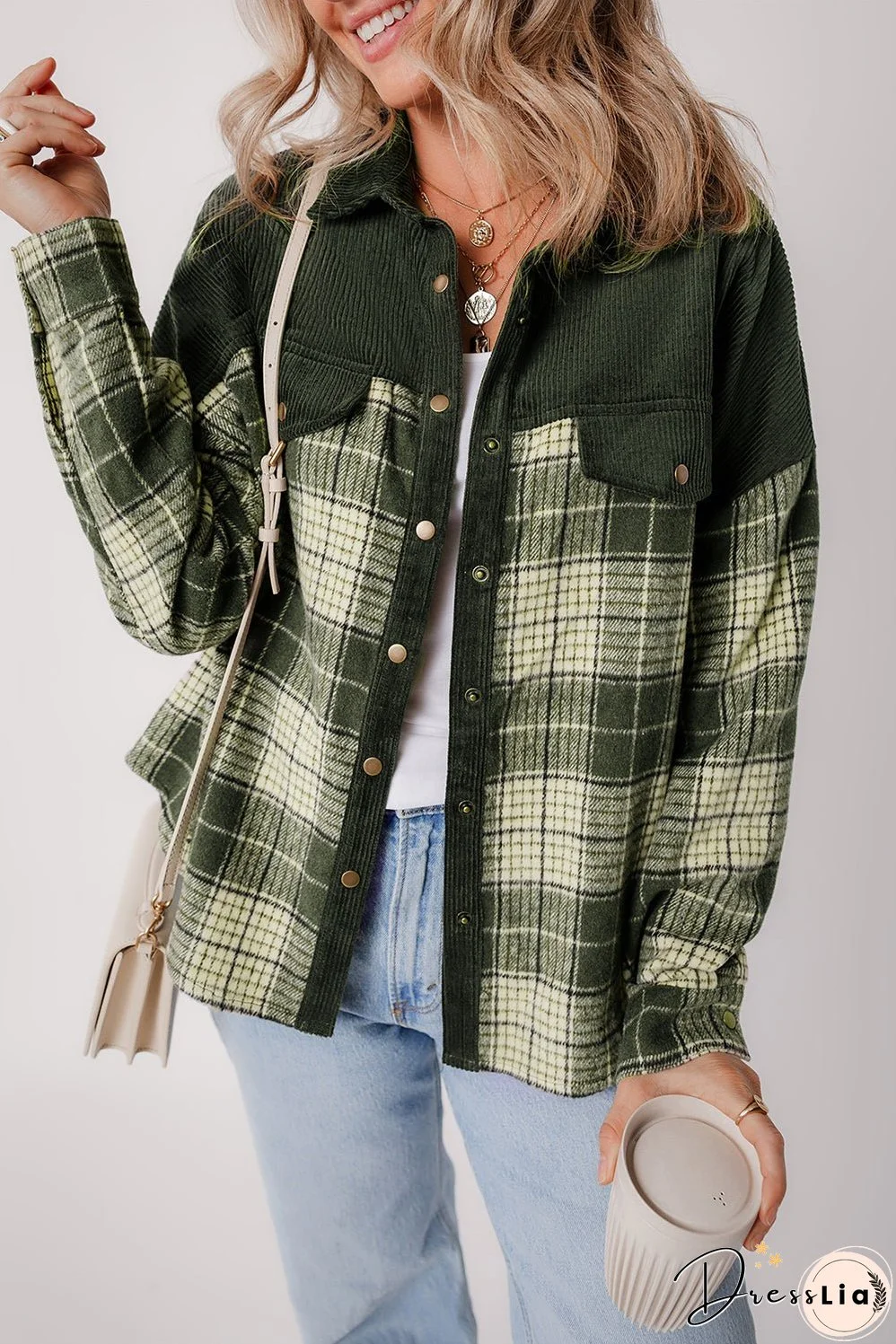 Green Plaid Corduroy Jacket with Pockets