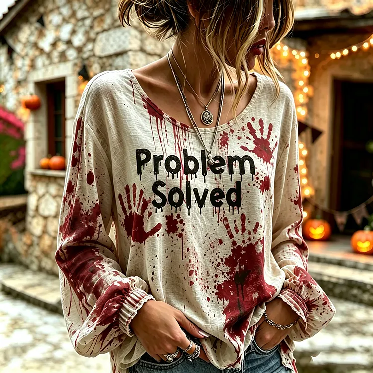 Women's Vintage Halloween Bloody Problem Solved With Bloody Hands Art Casual Long Sleeve Tops