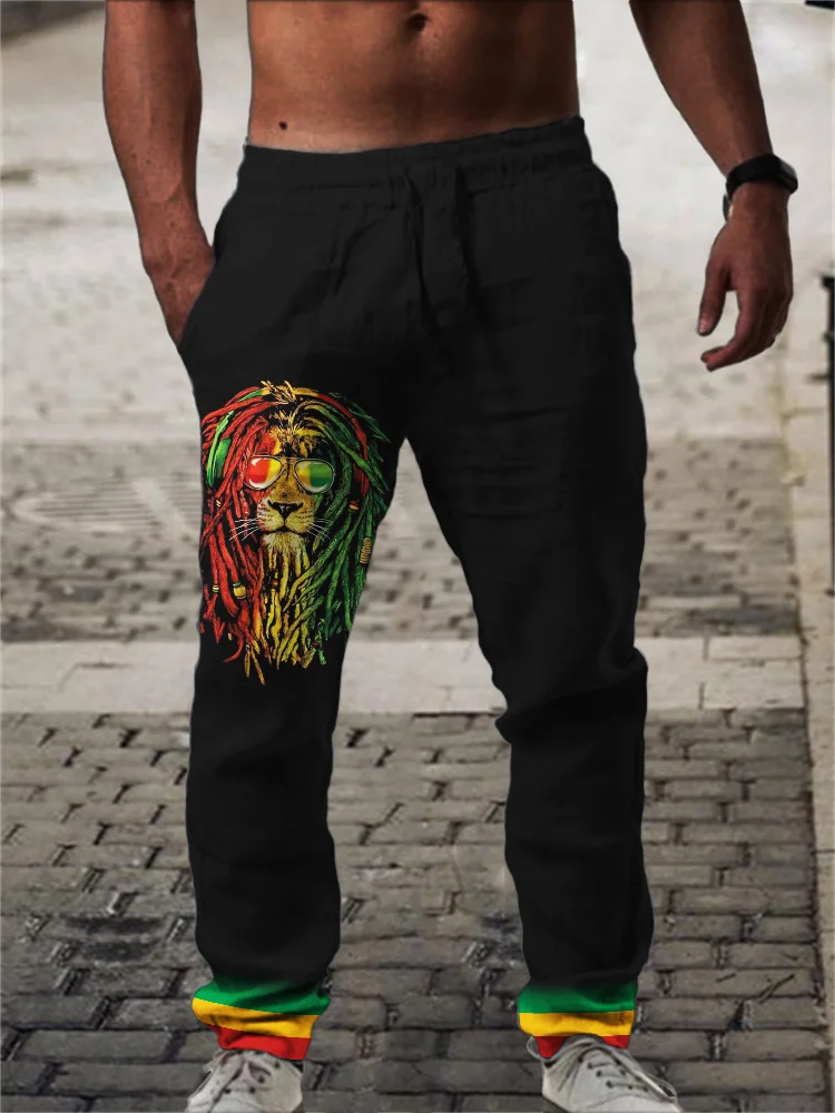 Wearshes Reggae Spirit Lion Rasta Hem Casual Pants