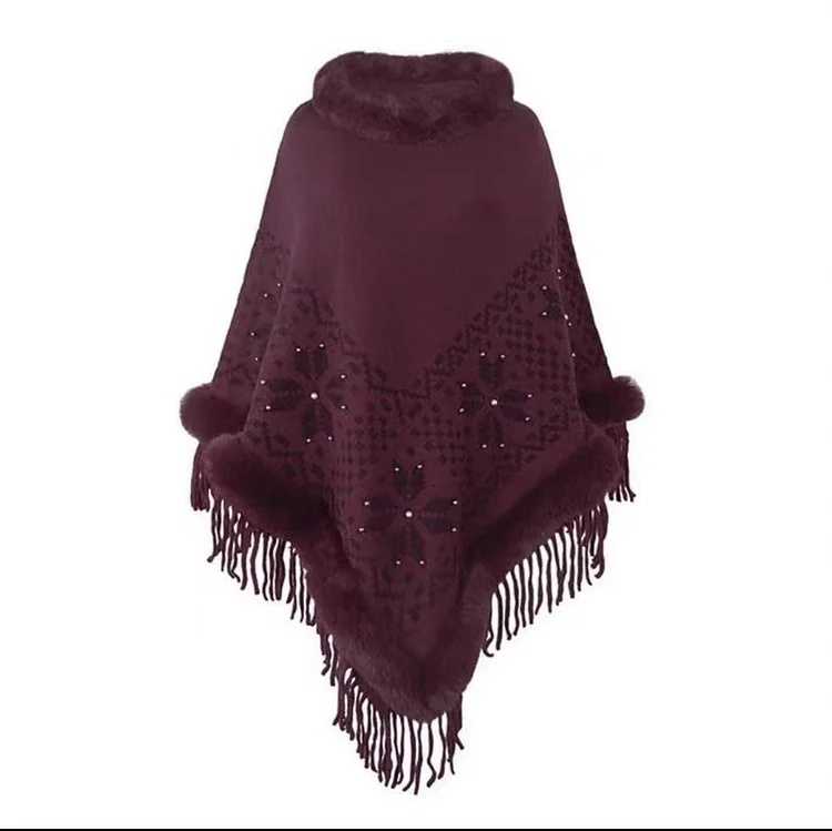 Fringe Printed Pullover Cape with Fur Collar