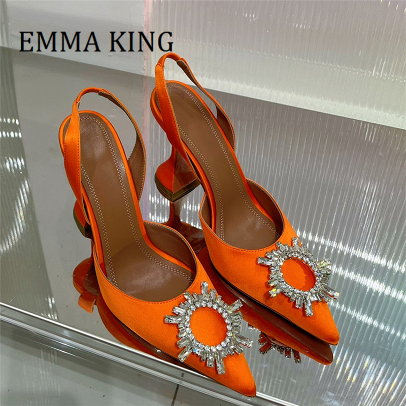 VCshoes Women Bling Crystal Slingback Pumps Pointed Toe Embellished Satin Pumps Ladies Evening Party Wedding Shoes