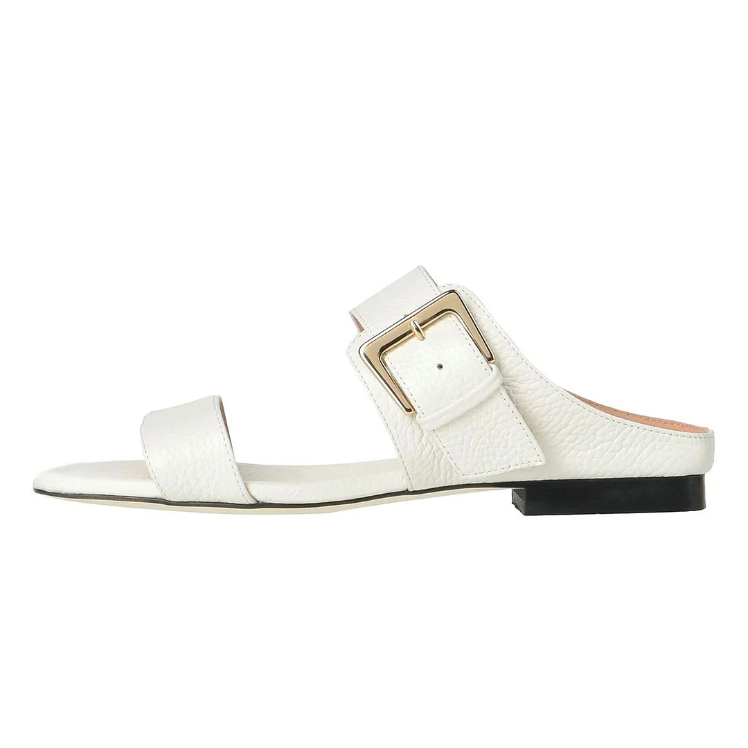 Classic White Square Toe Flat Women's Mules Shoes with Buckle