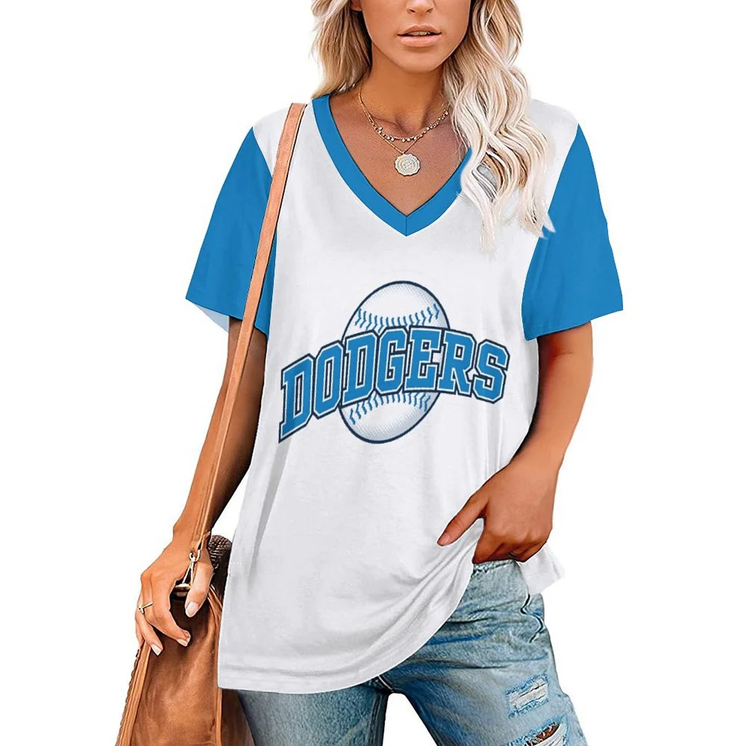 V-neck Short Sleeve Casual T-shirt for  Women Printed with Pattern , Blue, Red,