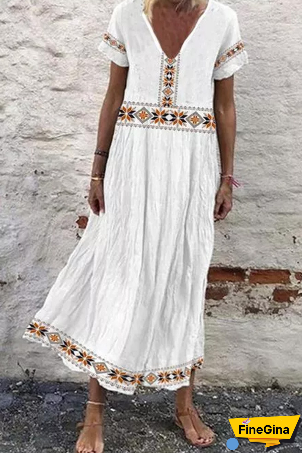 Casual Vintage Print Split Joint V Neck A Line Dresses
