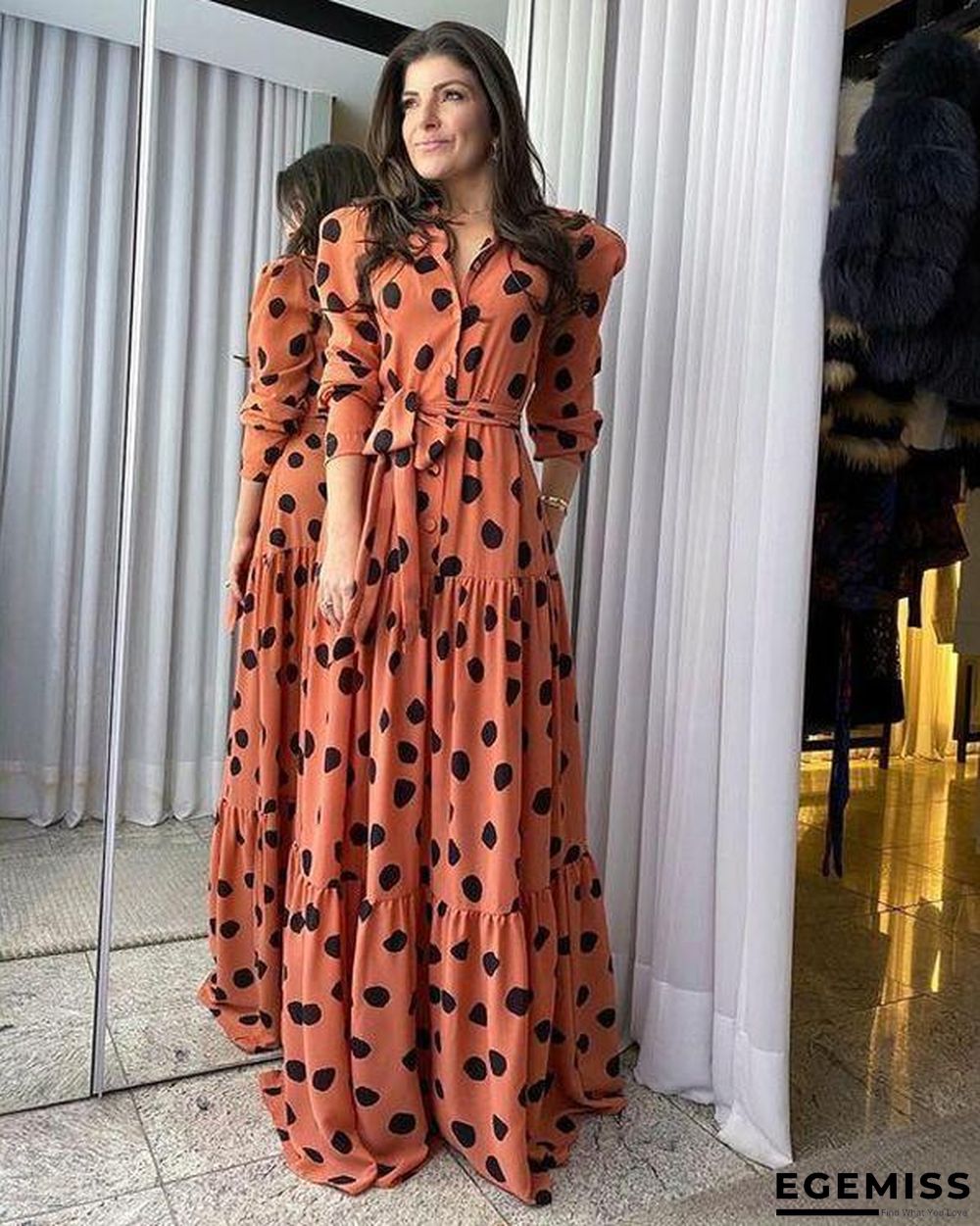 Elegant V-Neck 3/4 Sleeve Polka Dot Printed Slim Fit Maxi Dress | EGEMISS