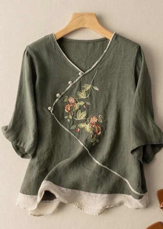 Green Patchwork Linen Top V Neck Embroideried Summer