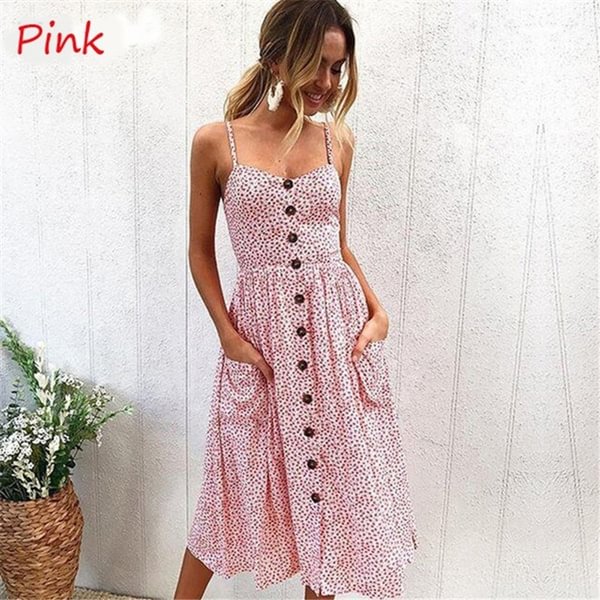 Floral Printed Summer Dress Women Vestidos Back Stretch Sexy Boho Tunic Casual Female Sarafan Party Beach Dress With Pocket - Life is Beautiful for You - SheChoic