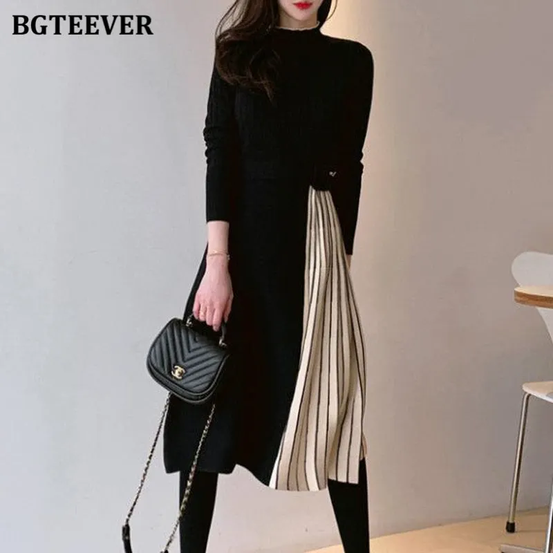 BGTEEVER Stylish Half Turtleneck Women Sweater Dress Long Sleeve Slim Belted Female Patchwork Pleated Dress Knitted Vestidos