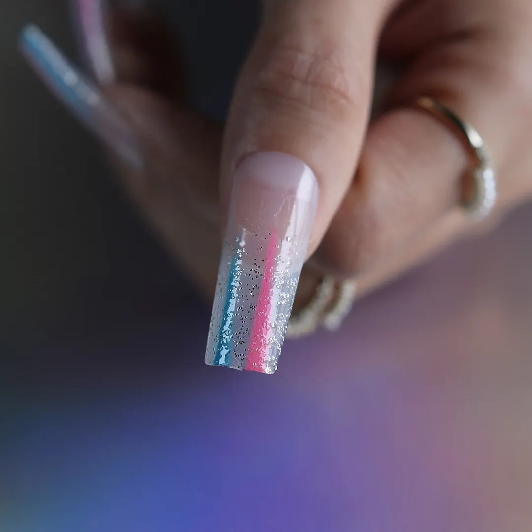 Pink Blue Extra long rectangular False nails clear rainbow glitter ombre High quality gel square Fake nails Home salon nails-Nail Inspo