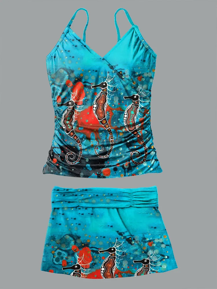 Seahorse Ocean Art Print Suspender Skirt Bikini V Neck Set Swimsuit