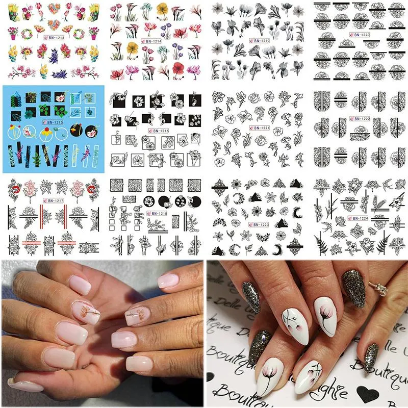 12 Designs Nail Stickers Set Snowflake Floral Geometric Nail Art Water Transfer Decals Sliders Flower Leaf Manicures Decoration