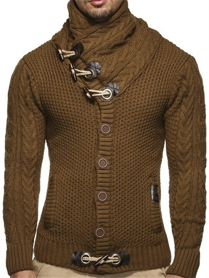 Men's Sweater Cardigan Turtleneck Sweater Knit Striped Stand Collar Stylish Clothing Apparel Winter Black Blue S M L