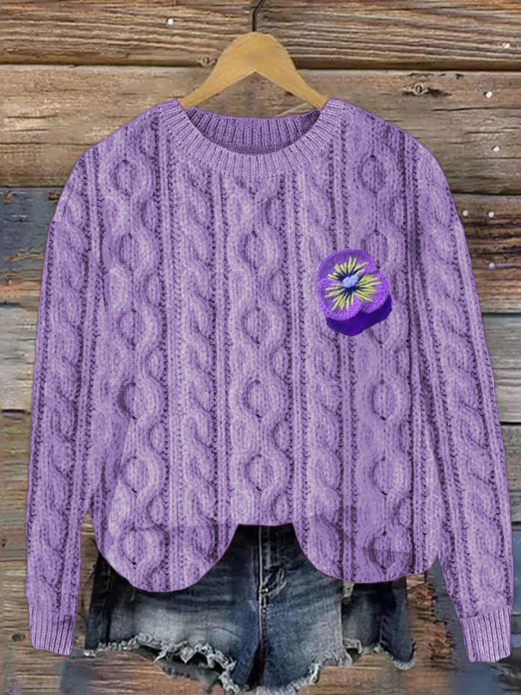 Utbros Pansy Flower Crochet Cozy Cable Knit Sweater