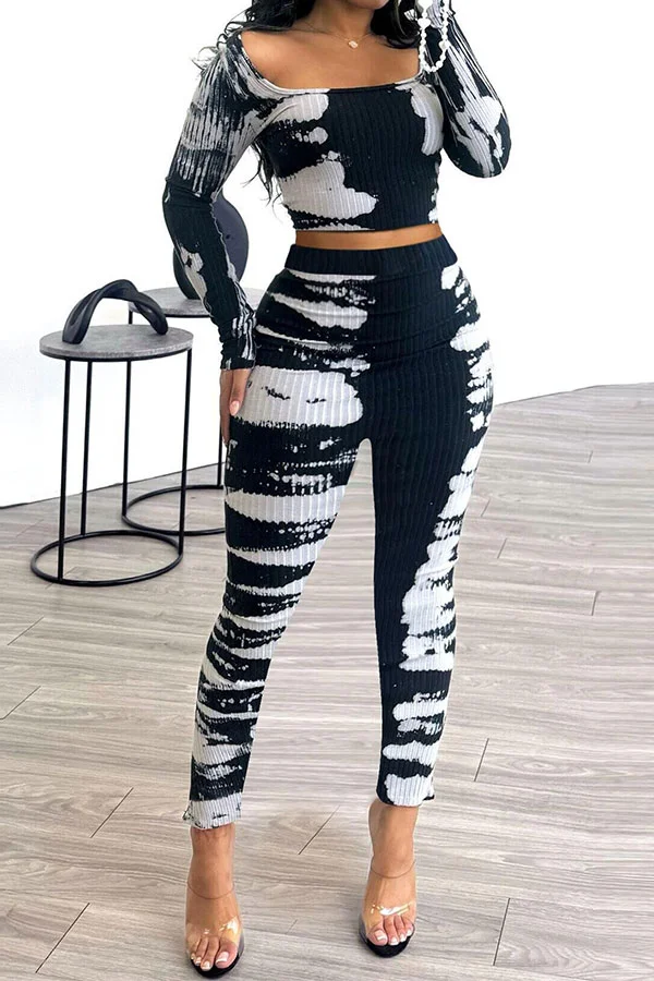 Tie Dye Ribbed Laid Back Bodycon Pant Suit