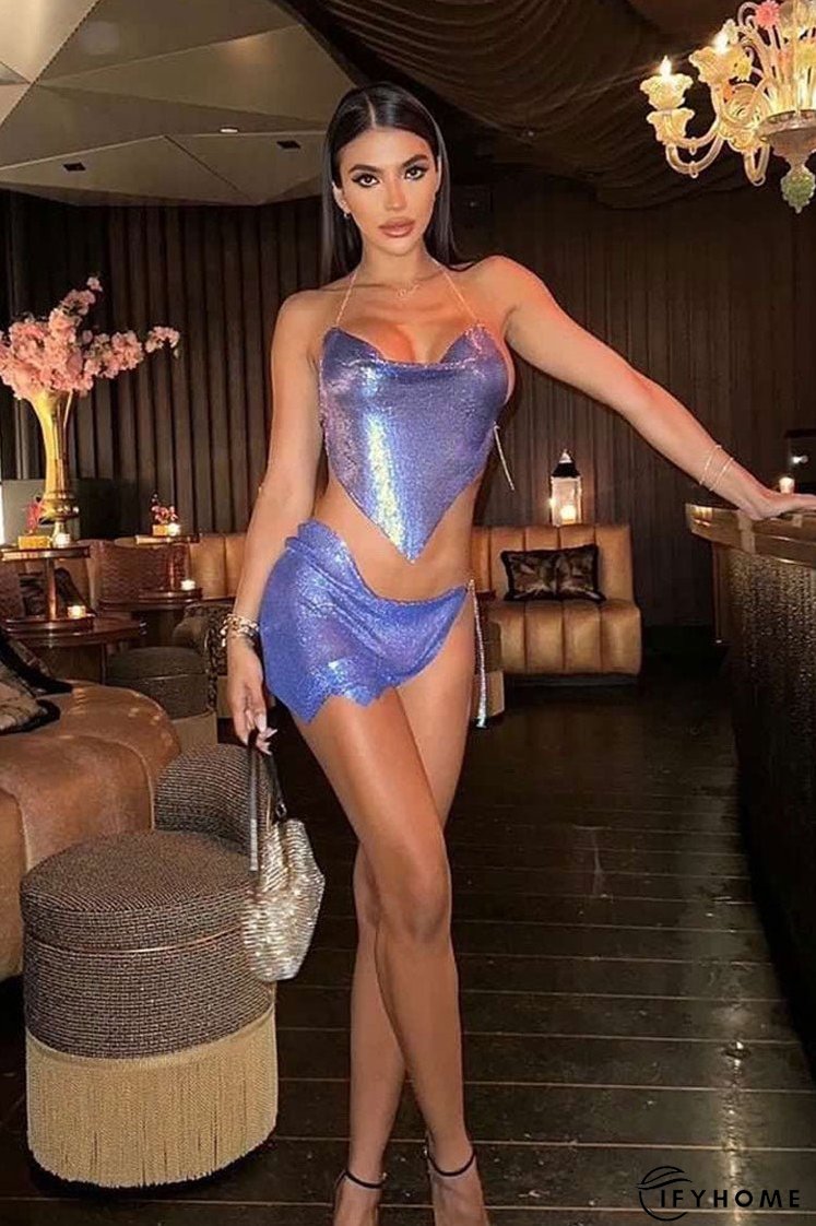 Sexy Cowl Neck Halter Crop Chainmail Club Two Piece Mini Dress - Royal Blue | IFYHOME