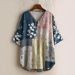 Japanese Art Retro Geometric Patchwork Plant Flower Print Women's V-neck Cotton And Linen Top - Image 2
