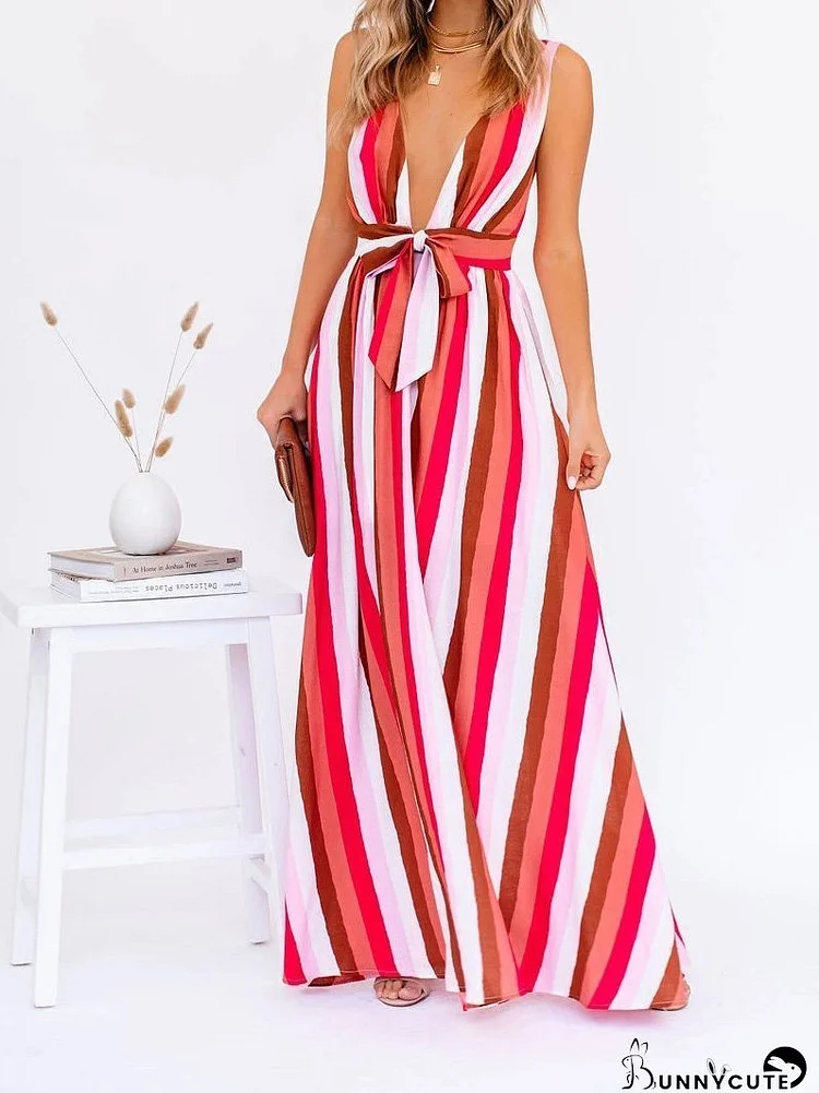 Deep V Striped Suspender Casual Dress