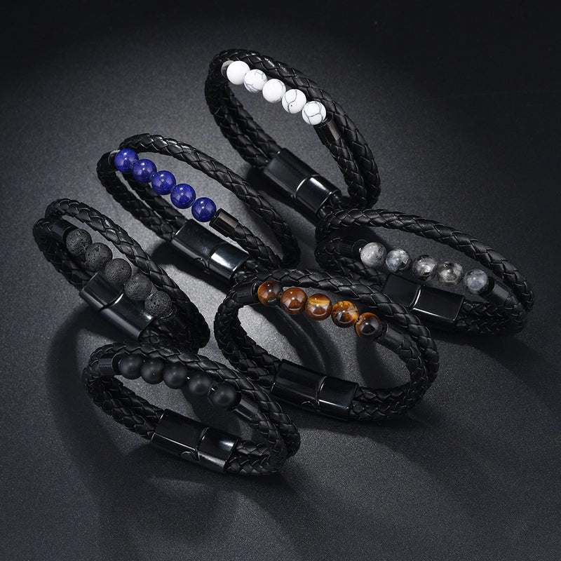 Vintage Style Punk Geometric Pu Leather Alloy Beaded Handmade Men's Bangle Men Cord & Leather Bracelets