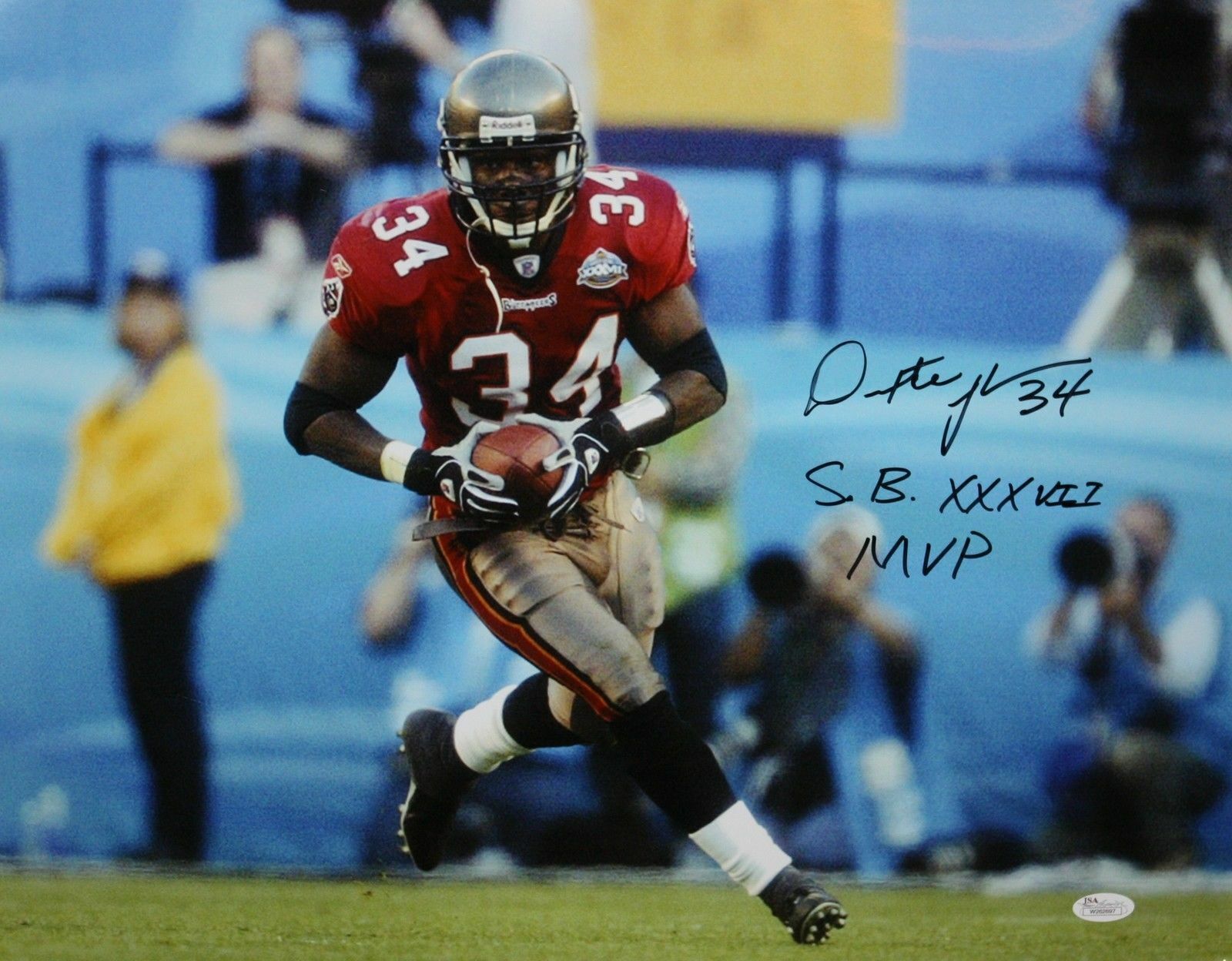 Dexter Jackson Autographed 16x20 Running With Ball Photo Poster painting W/ SB MVP- JSA W Auth