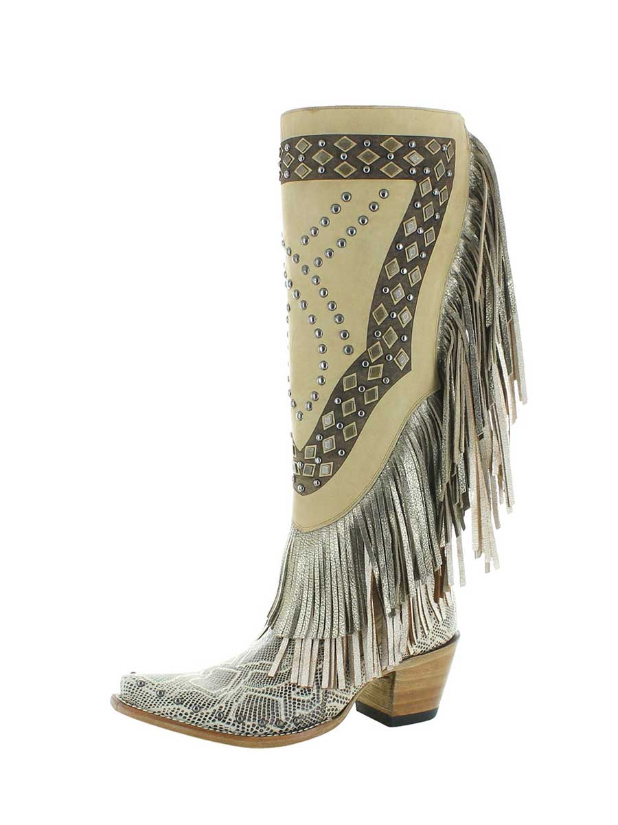 Gray Vegan Leather Snip Toe Fringe Studded Women's Western Boots 