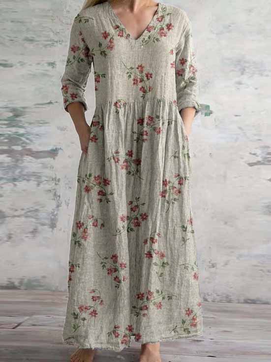 Women's 3/4 Sleeve V-neck Floral Printed Midi Dress