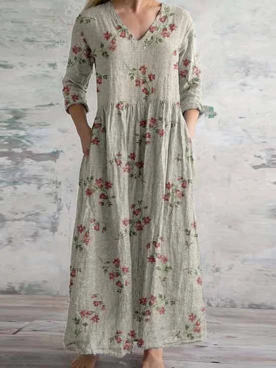 Women's 3/4 Sleeve V-neck Floral Printed Midi Dress