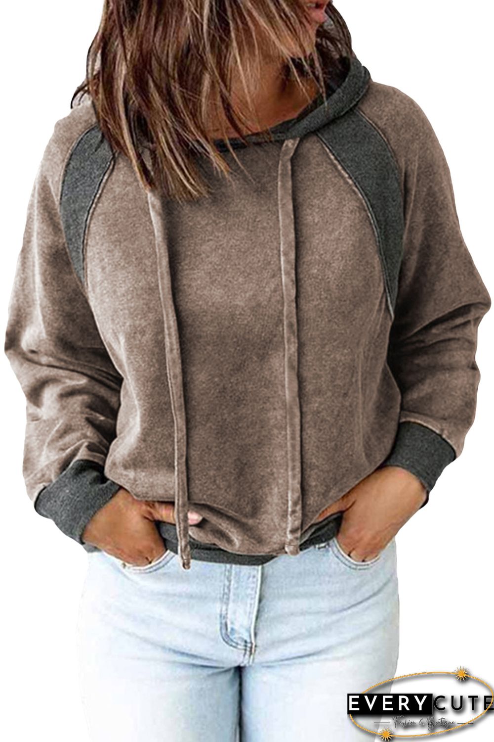 Khaki Casual Patchwork Drawstring Hoodie