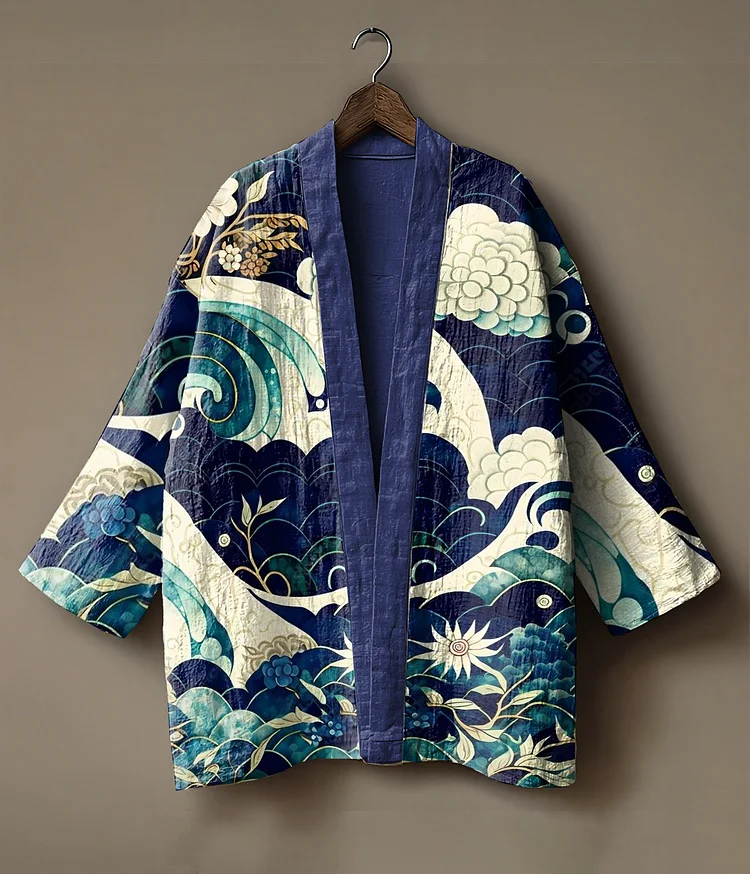 Japanese Cranes & Sea Waves Embroidered Linen Kimono Cardigan