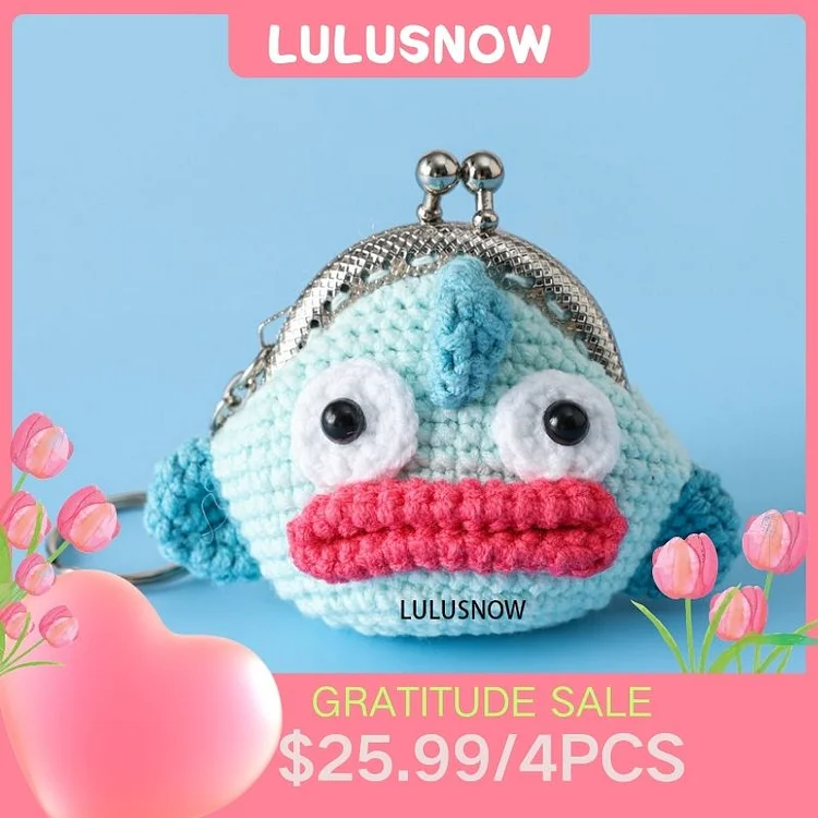Lulusnow Handmade Blue Interesting Fish Small Money Pouch Crochet Coin Purse Keychain Bag Pendant Gift for Her/Friend/Kids/Christmas/Easter