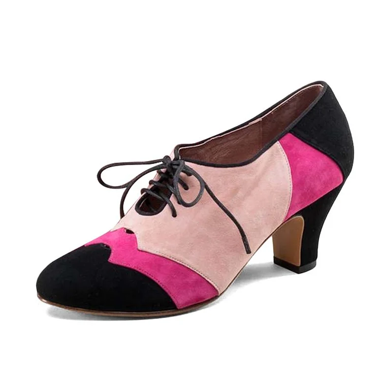 Multicolor Round Toe Vegan Suede Loafers Women'S Vintage Block Heels Lace Up Pumps |FSJ Shoes