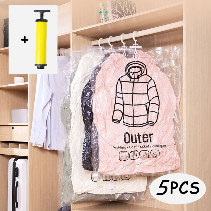 5Pcs/Set Can Hang Vacuum Bag for Clothes Foldable Transparent Border Compression Organizer Pouch Sealed Storage Bags | IFYHOME