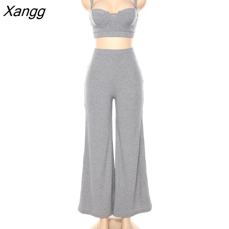 Xangg Summer Women Sexy Dance 2 Two Piece Set Outfits Knitted Crop Top Tshirt And Wig Leg Pants Trousers Set Bodycon Tracksuit