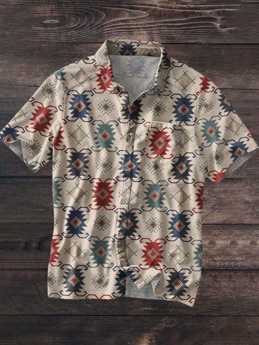 Men's Vintage Western Style Printed Casual Lapel Short Sleeve Shirt