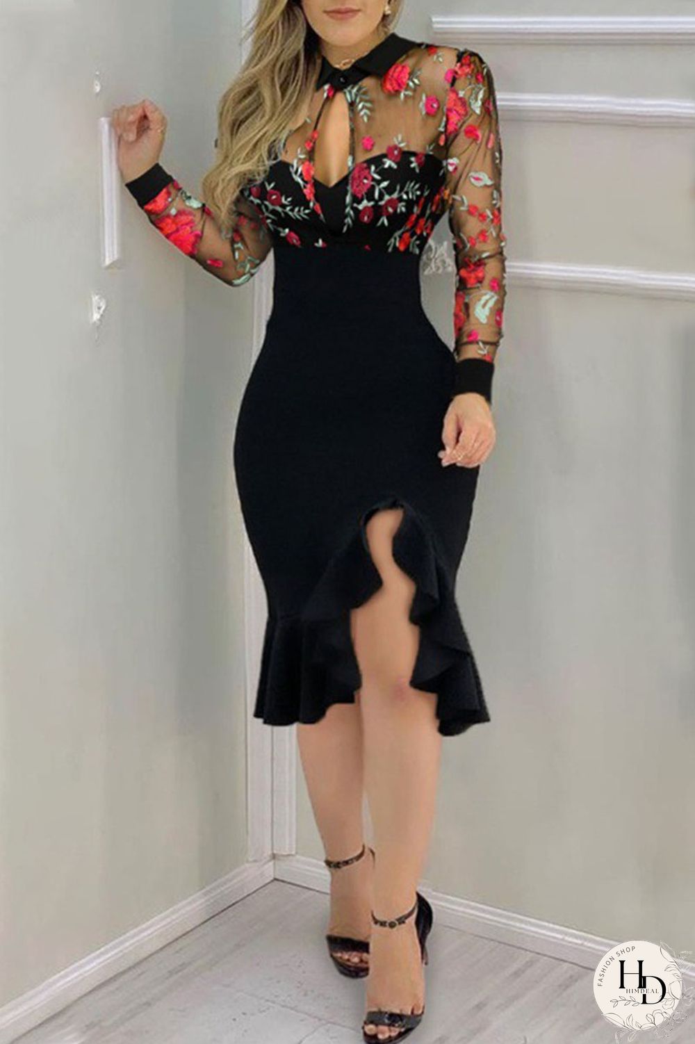 Pink Gold Sexy Solid Embroidered Hollowed Out Sequins Split Joint Flounce O Neck Dresses