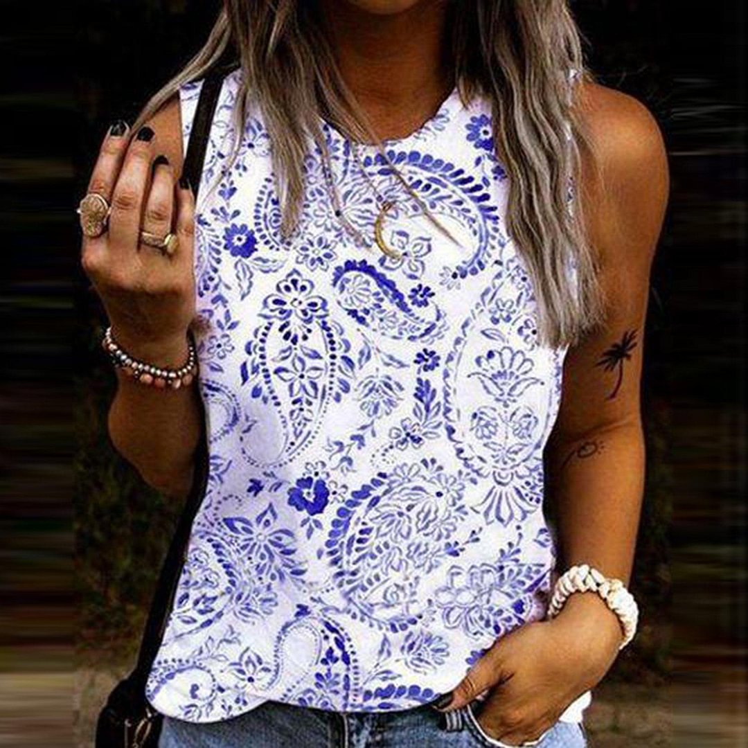 Fresh Blue Print Round Neck Sleeveless Top