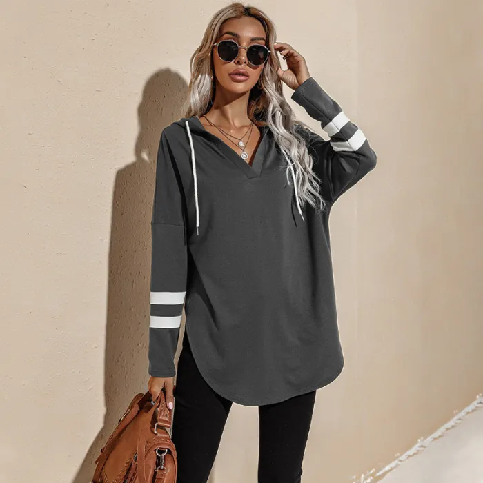 Women's Hoodie V-Neck Loose Long Sleeve Solid Color Hoody