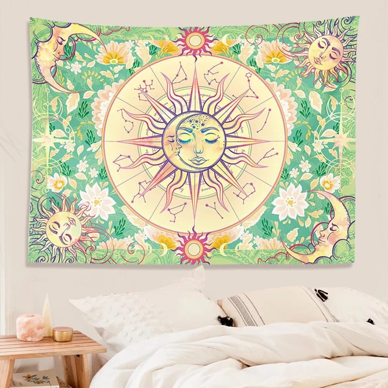 Tarot Divination Wall Tapestry Art Deco Blanket Curtain Hanging Bedroom Living Room Decoration Mysterious Bohemian Sun Moon Face