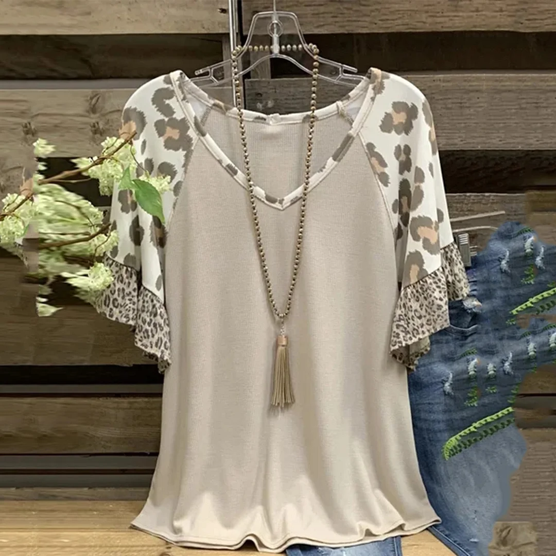 Fashion Ruffle Leopard Blouse Shirt Loose V-Neck Tops Tee Summer Casual Ladies Tops Female Women Short Sleeve Blusas Pullover