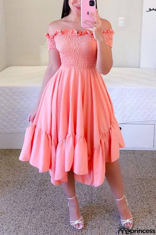 Shirred Bodice Off Shoulder Flap Asymmetric Dress