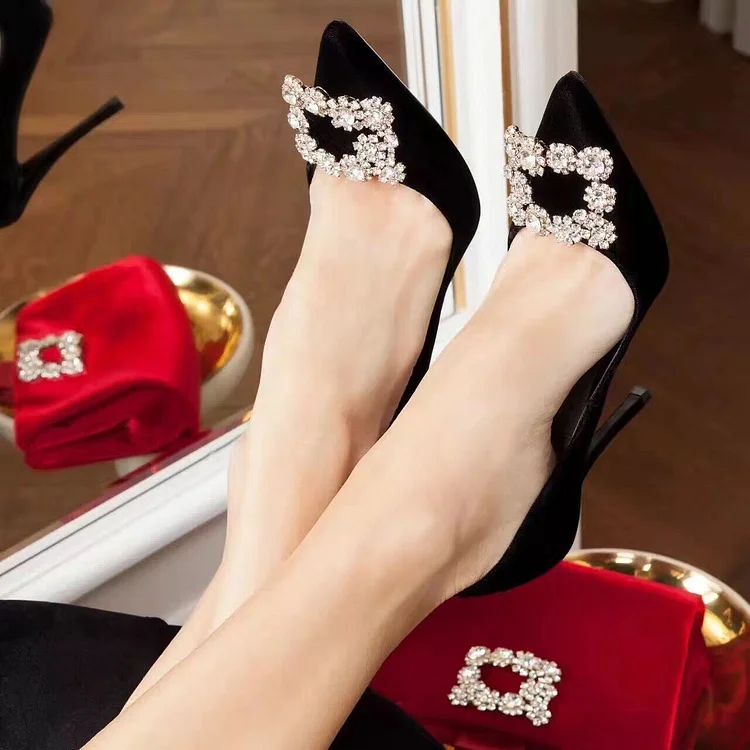 Black Prom Heels Rhinestone Buckle Pointy Toe Dressy Pumps |FSJ Shoes